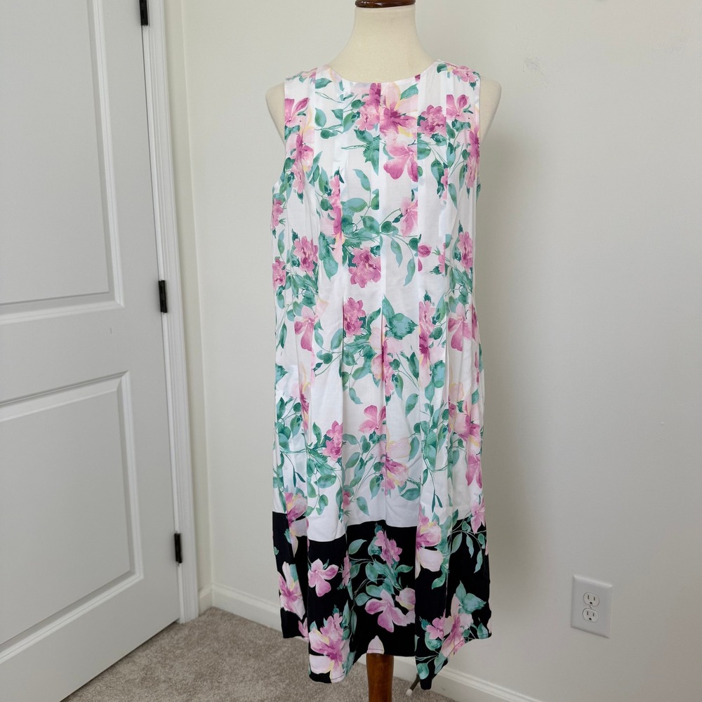 J Jill Floral Print Sleeveless Midi Dress‎ Women M Tall White Pink Green Black